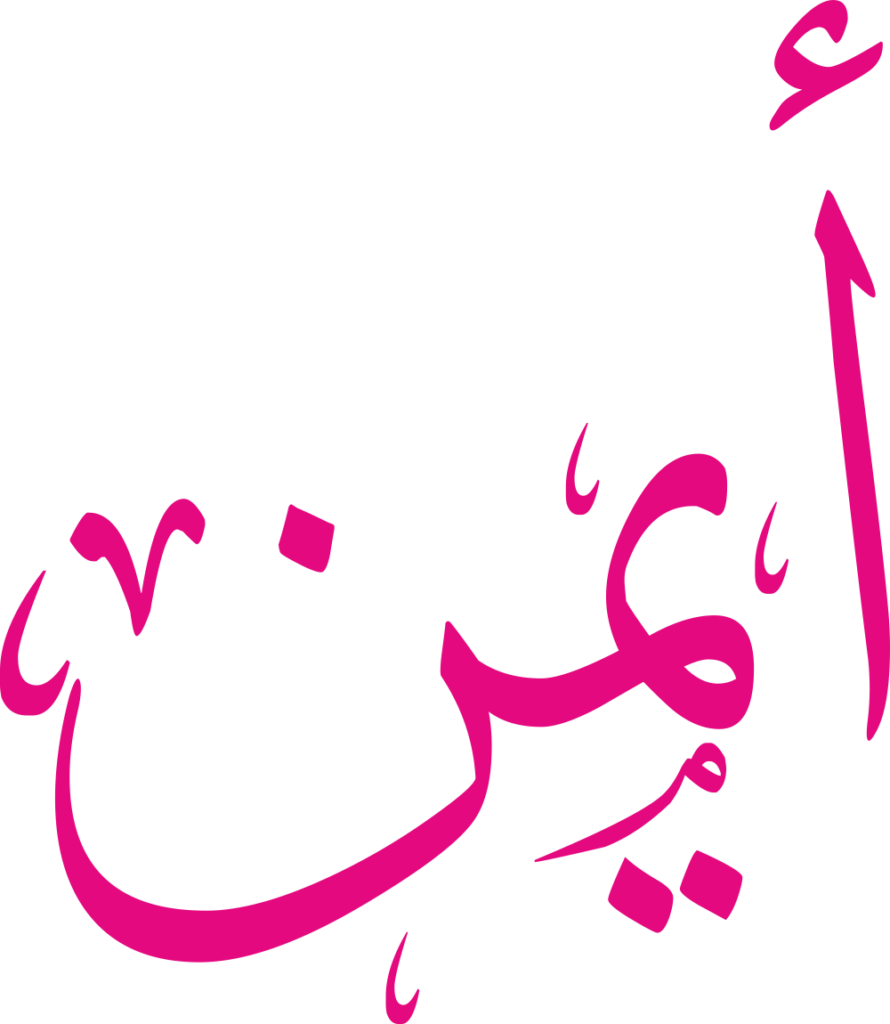 تصميم مخطوطة اسم أيمن بخط إيكو المزخرف (Eco Font) بصيغة PNG شفافة بدون خلفية، يتميز بتناسق انسيابي بين الميم والنون يعكس الوقار والبركة والأصالة الكلاسيكية.