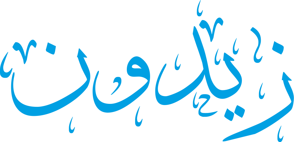 تصميم مخطوطة اسم زيدون بخط إيكو المزخرف (Eco Font) بصيغة PNG شفافة، يبرز تداخل حروف الزاي والياء والدال والواو والنون بانسيابية تعكس معاني الفخامة والوقار الأندلسي الأصيل،