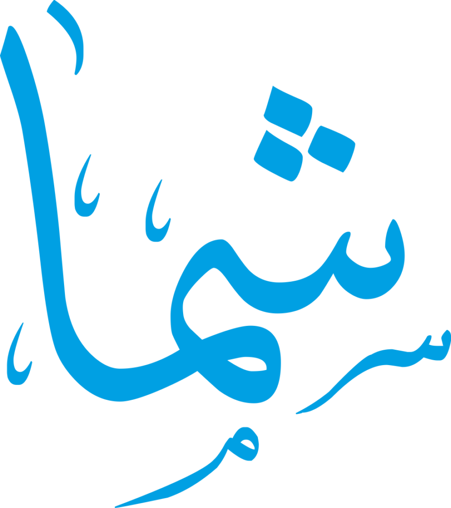 مخطوطة اسم شما بخط إيكو مزخرف بصيغة PNG شفافة بدون خلفية، تُظهر شينًا بنقاط ثلاث متوازنة مع ميم متماسكة وألف خاتمة مستقيمة.